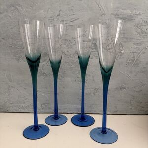 Set Of 4 Vintage Champagne Flutes Green Blue Stems 10" Tall Bar Hosting